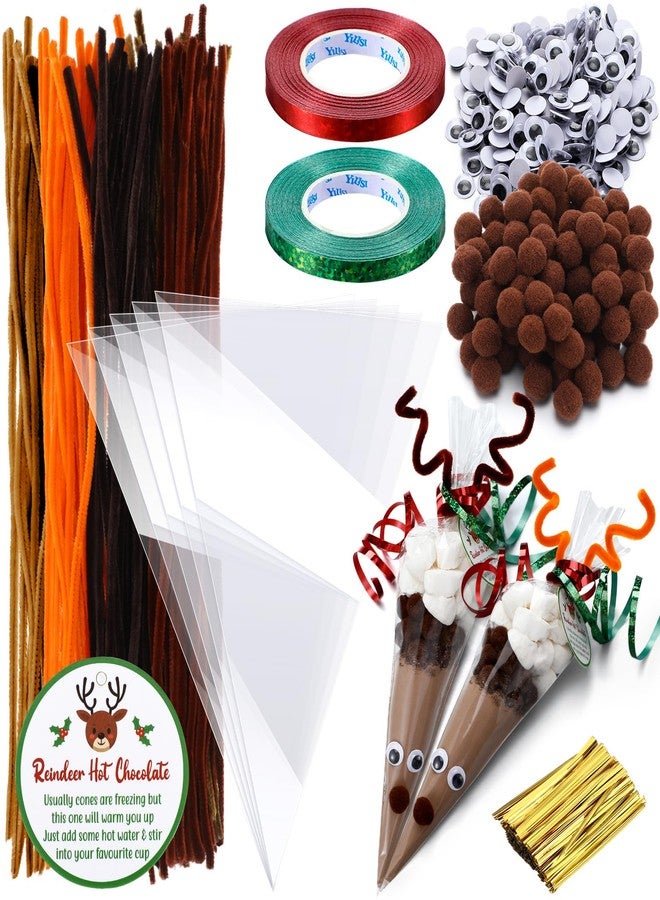 SilTriangle 100 Sets Christmas Hot Cocoa Bar Supplies DIY Claus Reindeer Cone Cellophane Bag Hot Chocolate Bar Popcorn Marshmallow Treat Cone Bags Christmas Party Favor - Image 1